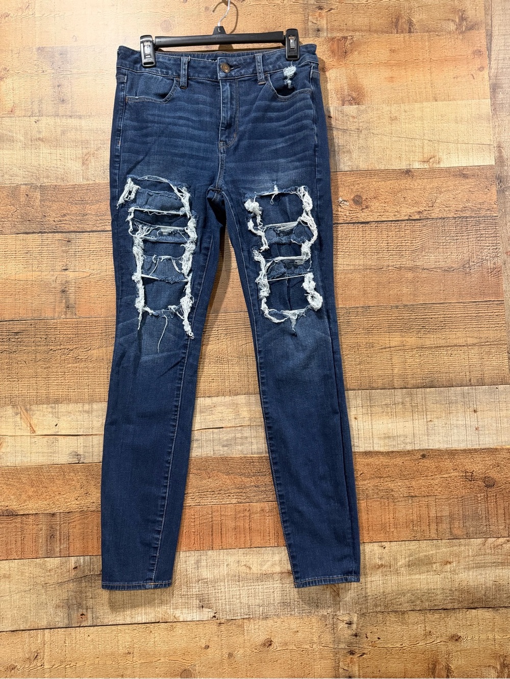 American Eagle 360 Degrees High Rise Stretch Distressed Dark Blue Jegging Sz 10L